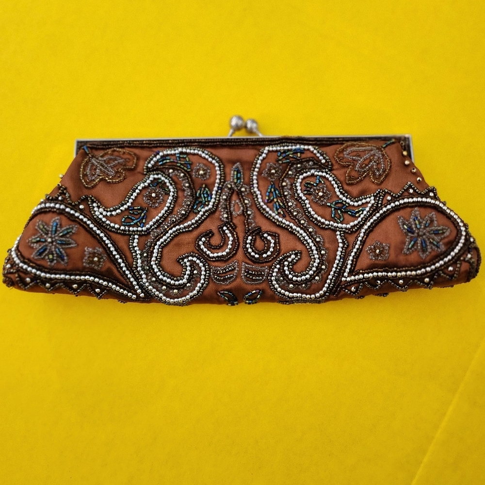 Bisou Bisou Tan Beaded Clutch